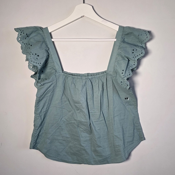 RW&CO Sage Green Cotton Eyelet Ruffle Sleeve Blouse Square Neck Top M - Picture 3 of 10